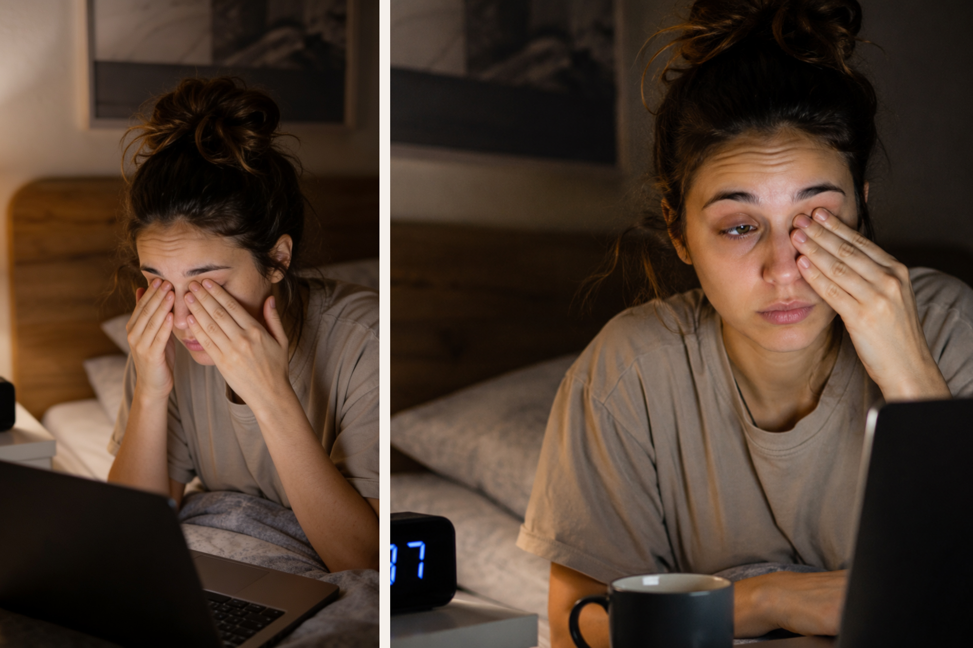 Person rubbing tired eyes while using a laptop late at night, showing eye strain, screen fatigue, and sleep deprivation.