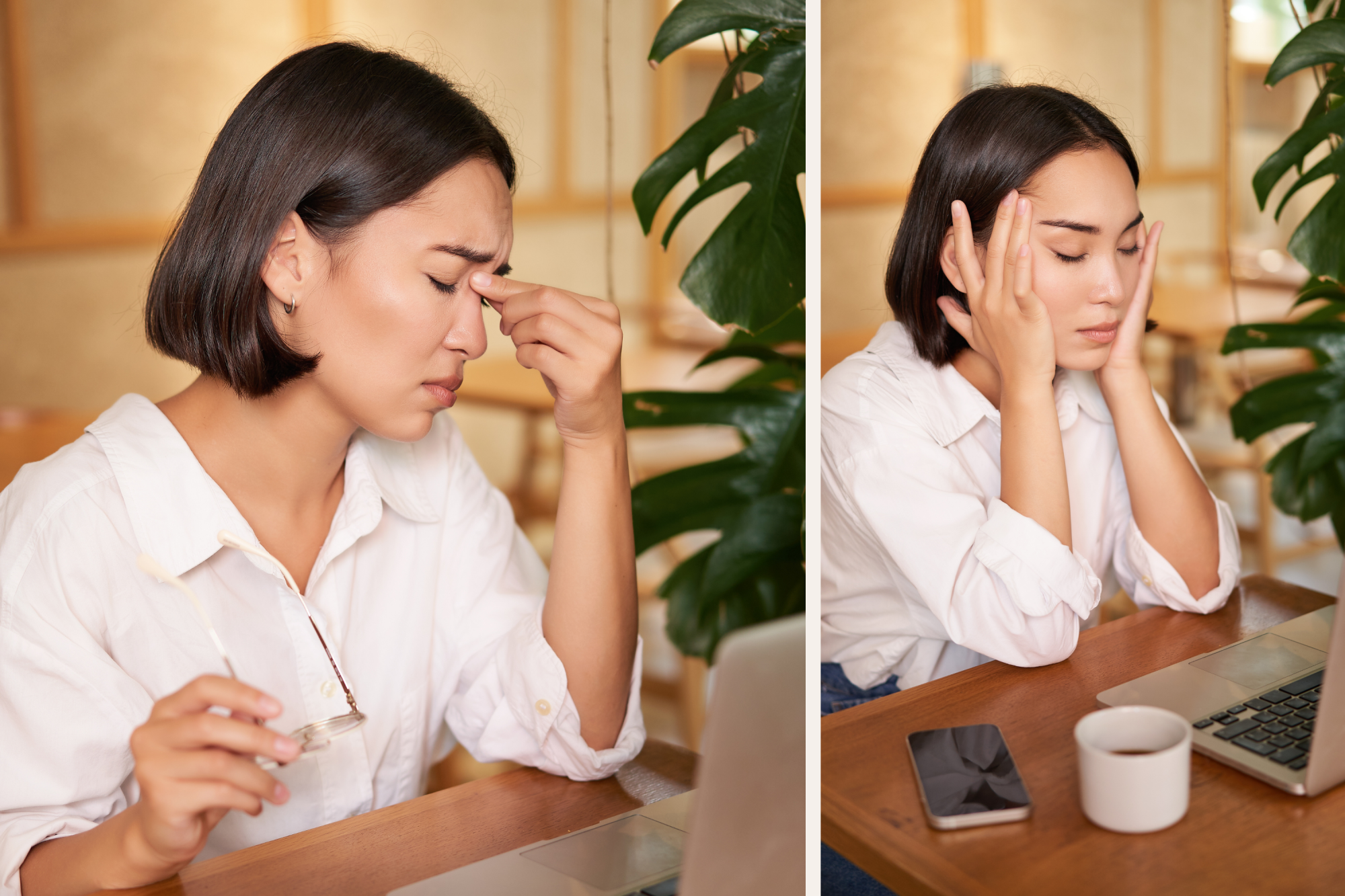 Person experiencing eye strain while working at a laptop with glasses in hand and coffee nearby.