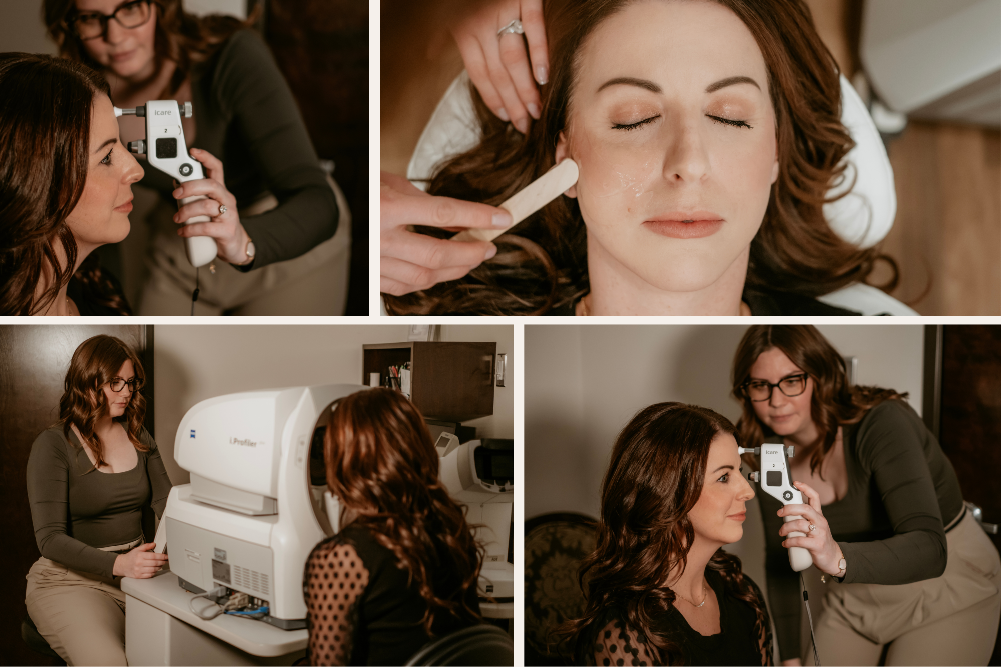 Patient receiving an eye exam at Aurora Eye Care with diagnostic testing equipment in Grande Prairie.
