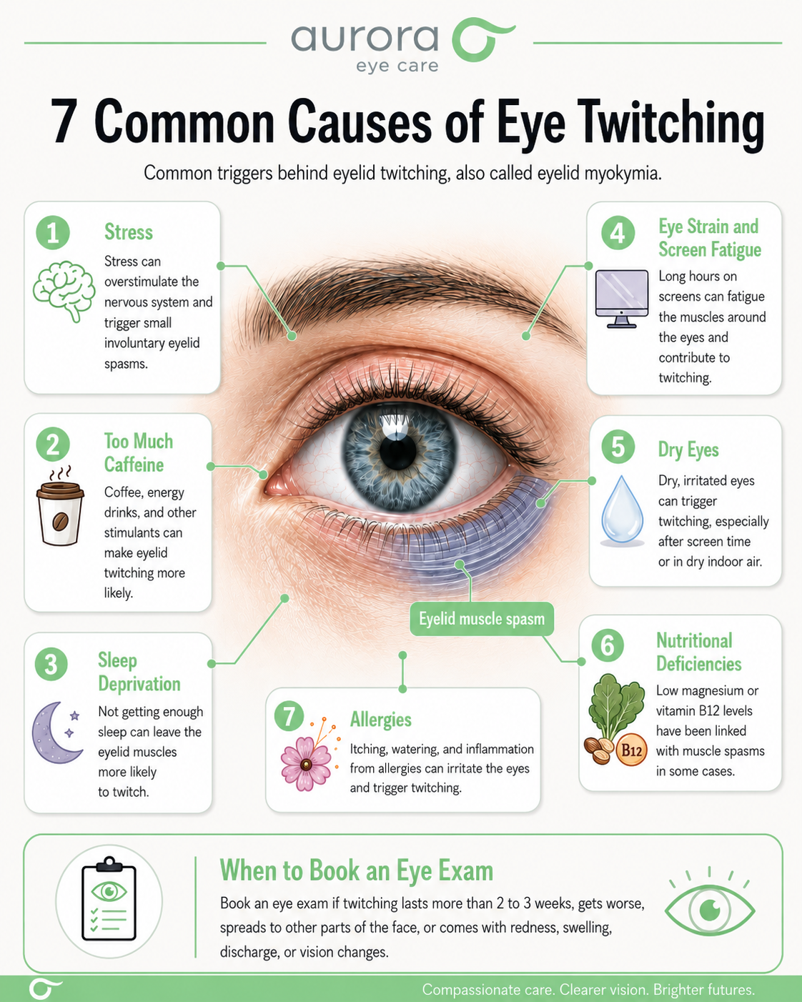 Infographic showing 7 common causes of eye twitching, including stress, caffeine, sleep deprivation, screen fatigue, dry eyes, nutritional deficiencies, and allergies.