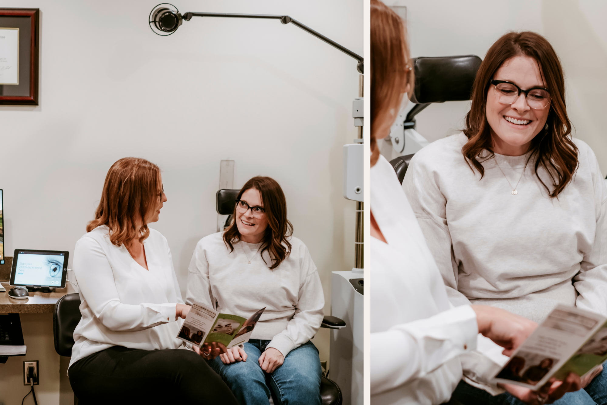 Optometrist discussing eye health results with a patient during a consultation about vision and glaucoma screening.
